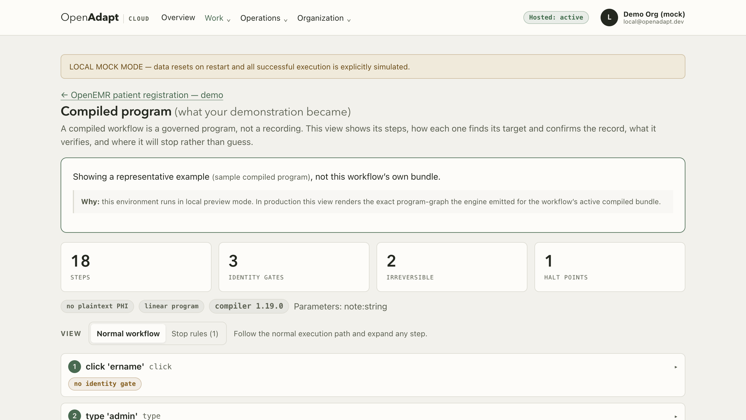 OpenAdapt Cloud program-graph view of a compiled bundle: ordered steps, the per-step resolution ladder, armed identity gates, effect checks, and halt points.